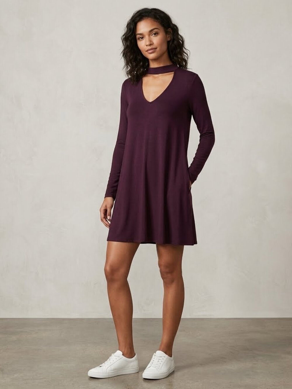 NWT Express Plum Choker V-Neck Long Sleeve Mini Swing Dress S